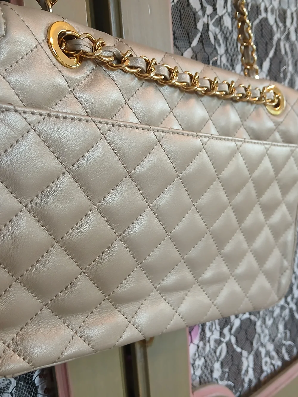 Kate Landry Quilted Champagne Metallic Shoulder Bag with Chain Strap
